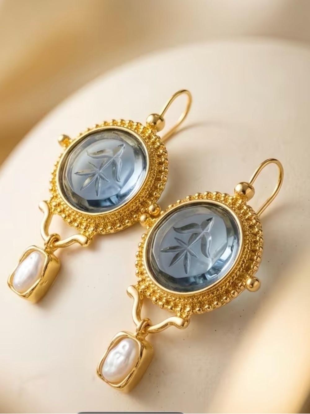 Gold Blue Crystal & Pearl Drop Earrings